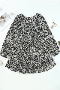 Thumbnail for Black V Neck Baggy Sleeve Waist Tie Double Layer Ruffle Hem Leopard Print Dress-6