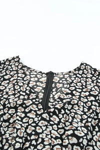 Thumbnail for Black V Neck Baggy Sleeve Waist Tie Double Layer Ruffle Hem Leopard Print Dress-8