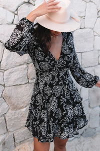 Thumbnail for Black V Neck Baggy Sleeve Waist Tie Double Layer Ruffle Hem Leopard Print Dress-17