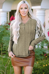 Thumbnail for Black V Neck Buttoned Ribbed Knit Top-10