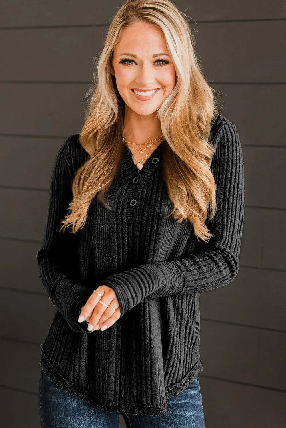 Black V Neck Buttoned Ribbed Knit Top-3