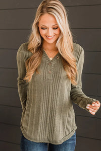 Thumbnail for Black V Neck Buttoned Ribbed Knit Top-9