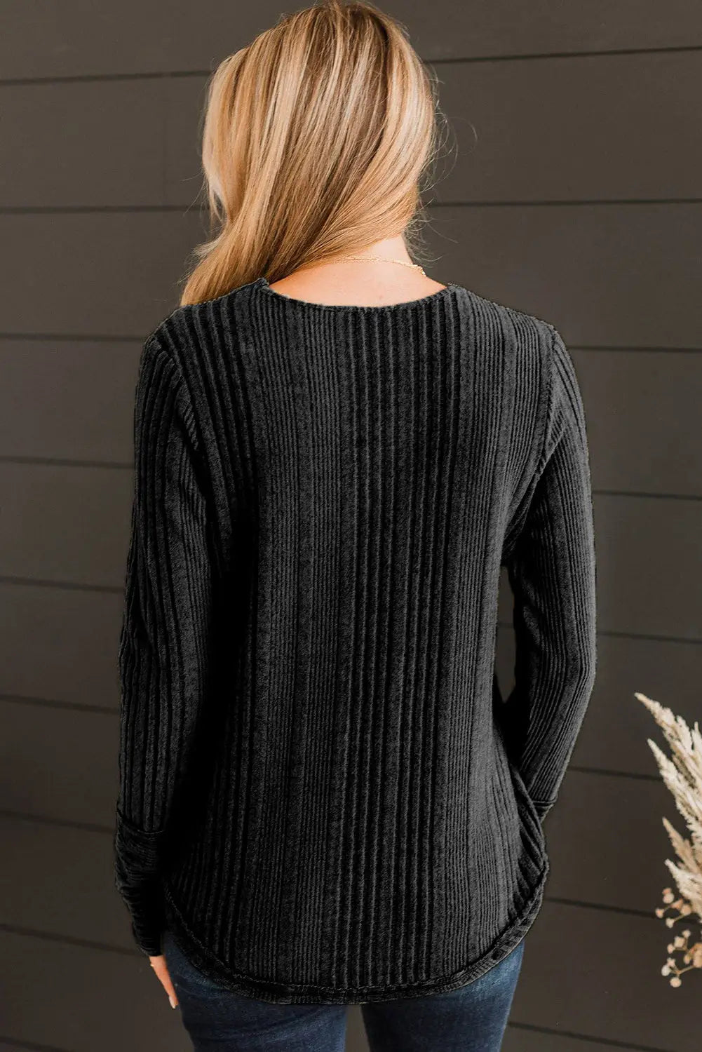 Black V Neck Buttoned Ribbed Knit Top-1