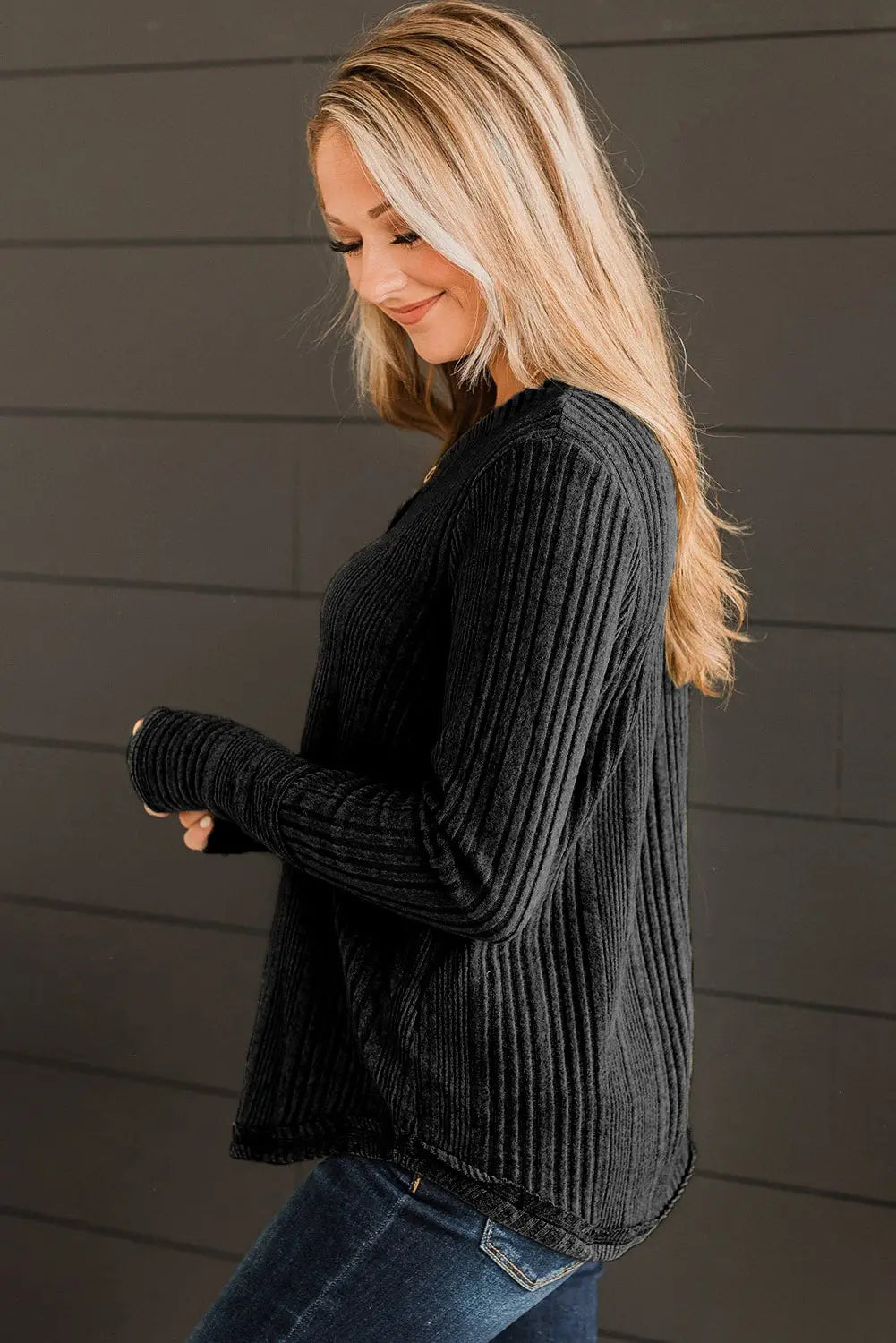 Black V Neck Buttoned Ribbed Knit Top-2