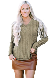 Thumbnail for Black V Neck Buttoned Ribbed Knit Top-23