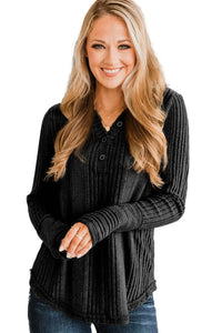 Thumbnail for Black V Neck Buttoned Ribbed Knit Top-4