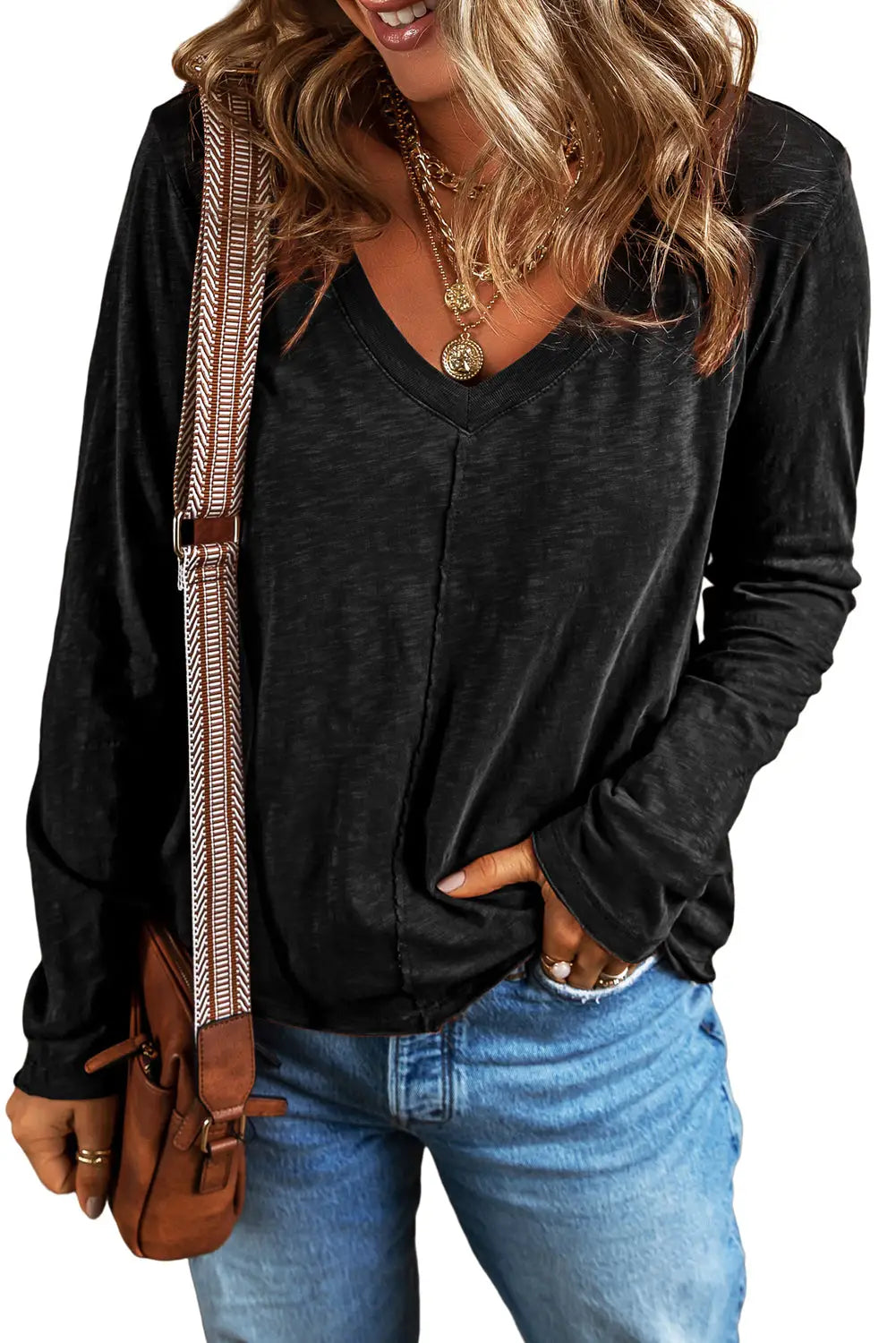 Black V Neck Center Seam Long Sleeve Tee-4