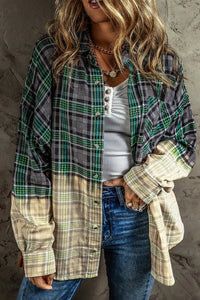 Thumbnail for Blackish Green Contrast Plaid Patchwork Chest Pocket Button up Shacket-0
