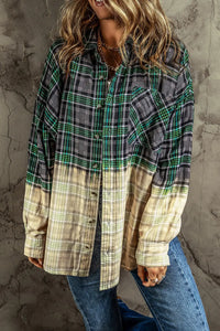 Thumbnail for Blackish Green Contrast Plaid Patchwork Chest Pocket Button up Shacket-5