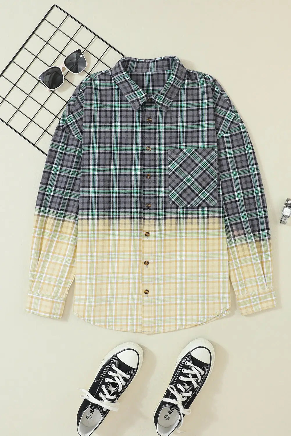 Blackish Green Contrast Plaid Patchwork Chest Pocket Button up Shacket-7