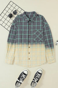 Thumbnail for Blackish Green Contrast Plaid Patchwork Chest Pocket Button up Shacket-7