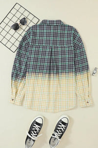 Thumbnail for Blackish Green Contrast Plaid Patchwork Chest Pocket Button up Shacket-8