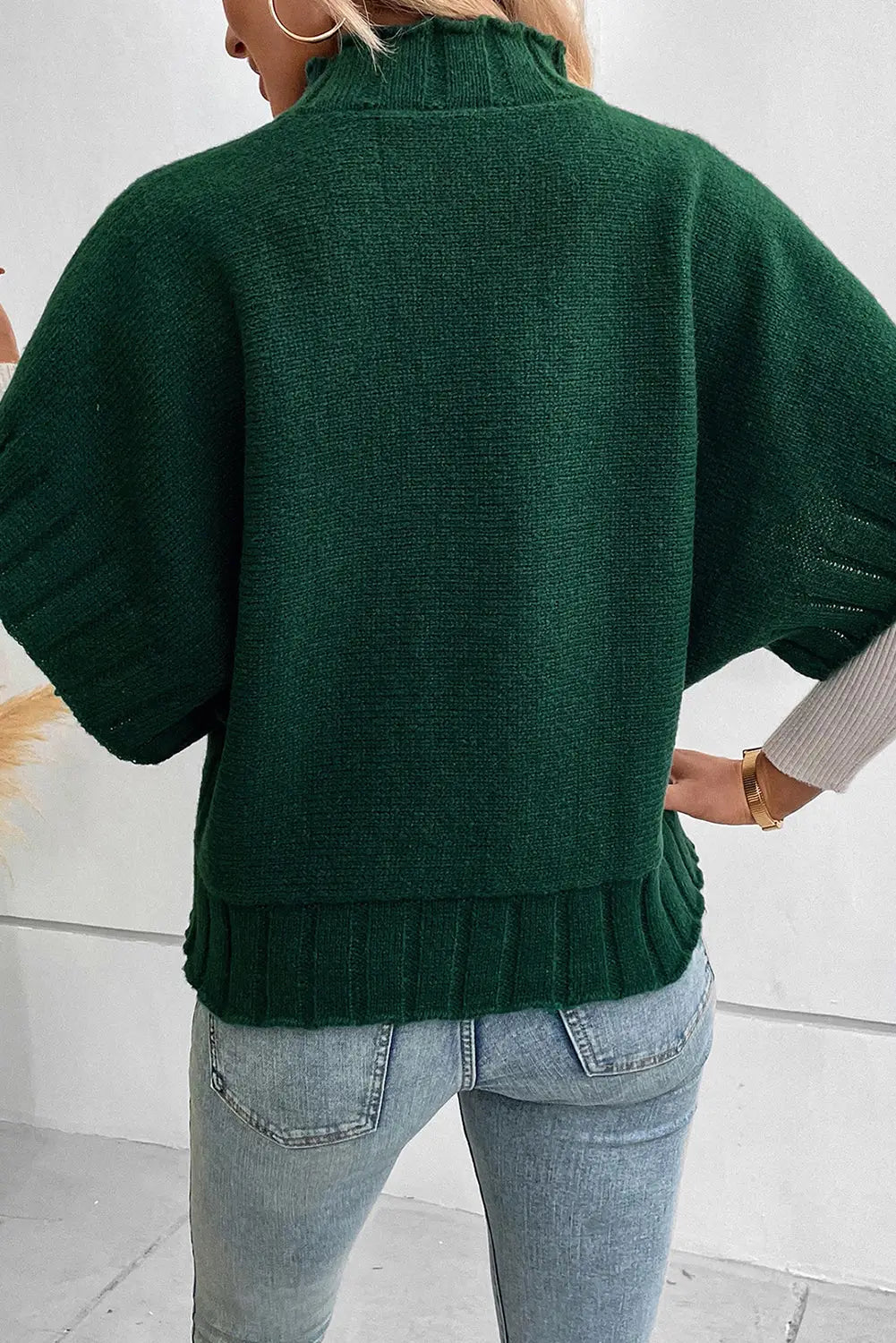 Blackish Green Mock Neck Batwing Short Sleeve Knit Sweater-1
