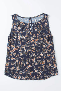 Thumbnail for Blue Cutout Decor Round Neck Floral Tank Top-10