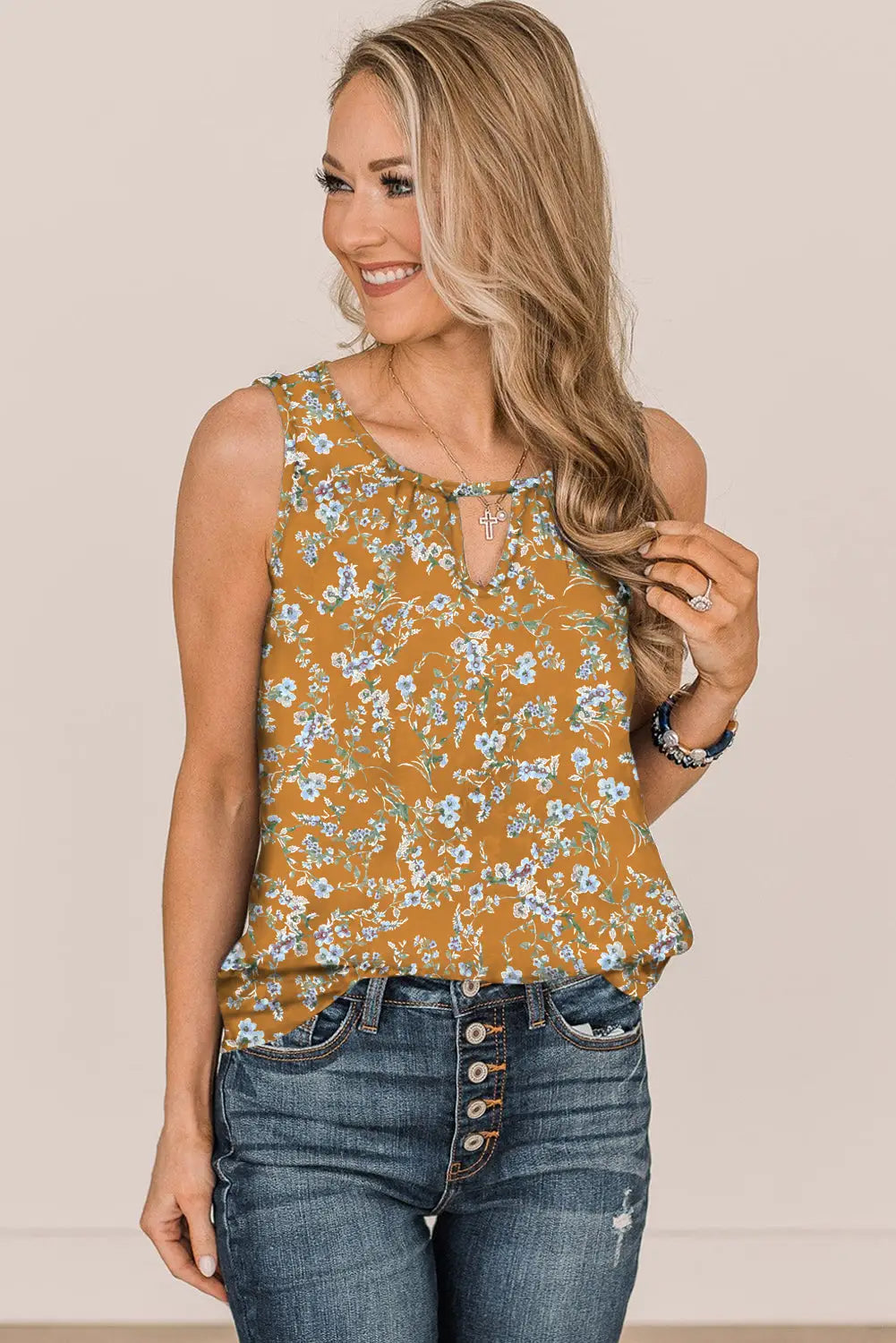 Blue Cutout Decor Round Neck Floral Tank Top-21