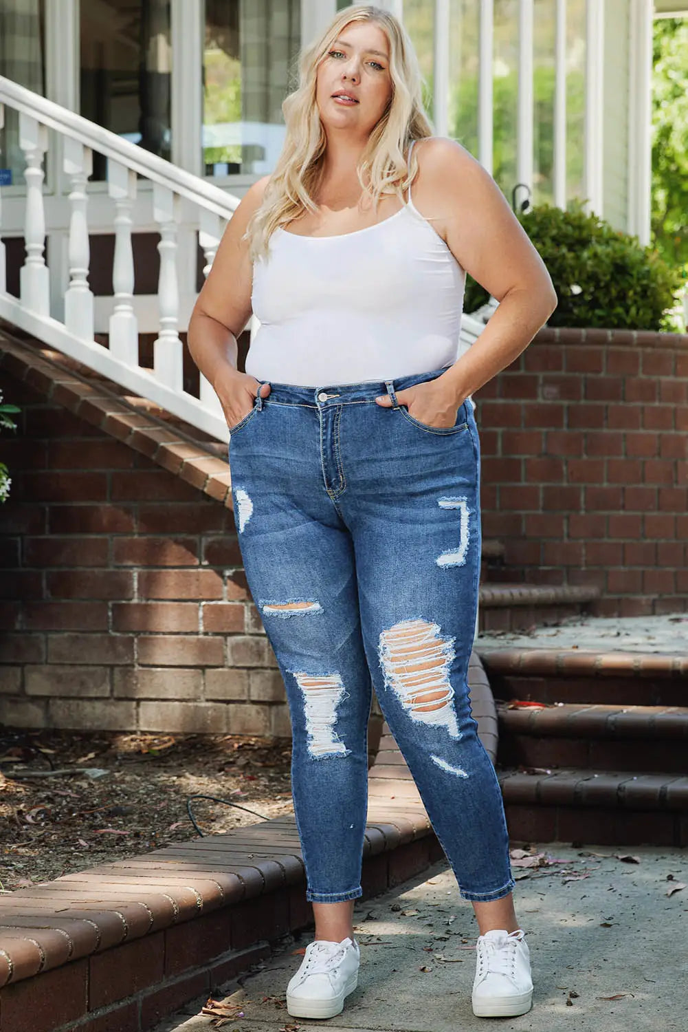 Blue Plus Size Distressed Ripped Skinny Jeans-3