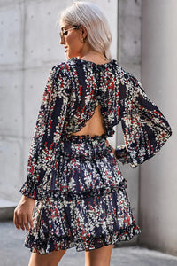 Thumbnail for Blue Ruffle Detailing Open Back Floral Dress-1