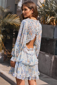 Thumbnail for Blue Ruffle Detailing Open Back Floral Dress-15