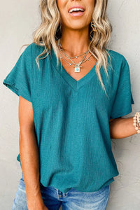 Thumbnail for Blue Sapphire Crinkled V Neck Wide Sleeve T-shirt-0