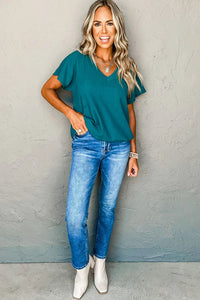 Thumbnail for Blue Sapphire Crinkled V Neck Wide Sleeve T-shirt-5