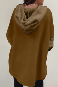 Thumbnail for Brown Button Up Contrast Knitted Sleeves Hooded Jacket-1