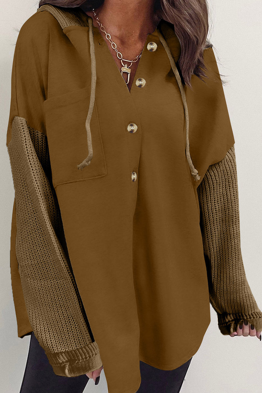 Brown Button Up Contrast Knitted Sleeves Hooded Jacket-0