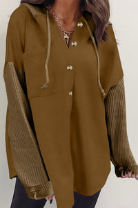 Thumbnail for Brown Button Up Contrast Knitted Sleeves Hooded Jacket-0