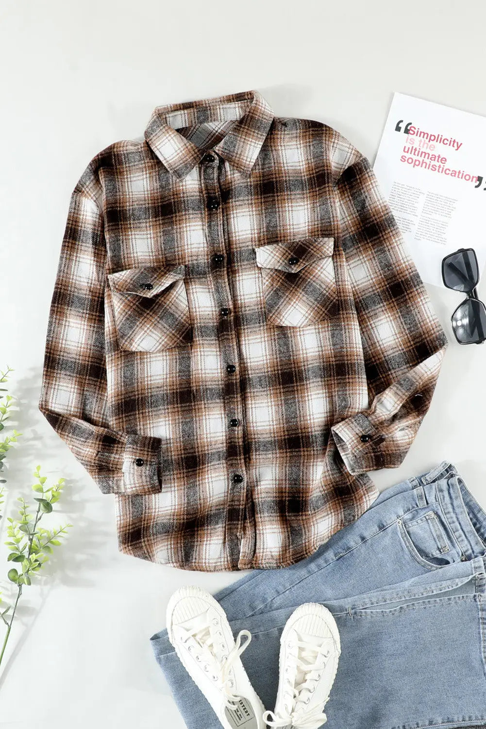 Brown Buttons Pocketed Plaid Shacket-5