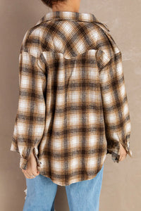 Thumbnail for Brown Buttons Pocketed Plaid Shacket-1
