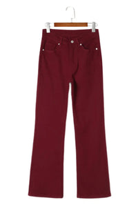 Thumbnail for Burgundy High Waist Flare Jeans with Pockets-15