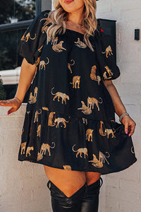 Thumbnail for Black Plus Size Cheetah Print Puff Sleeve Ruffle Mini Dress-0