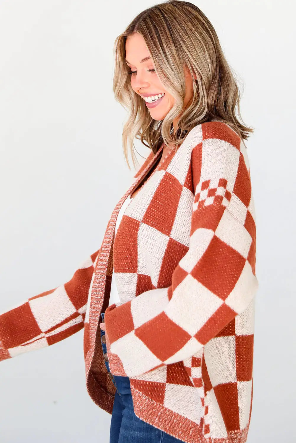 Chestnut Mix Checkered Open Front Knit Cardigan-6