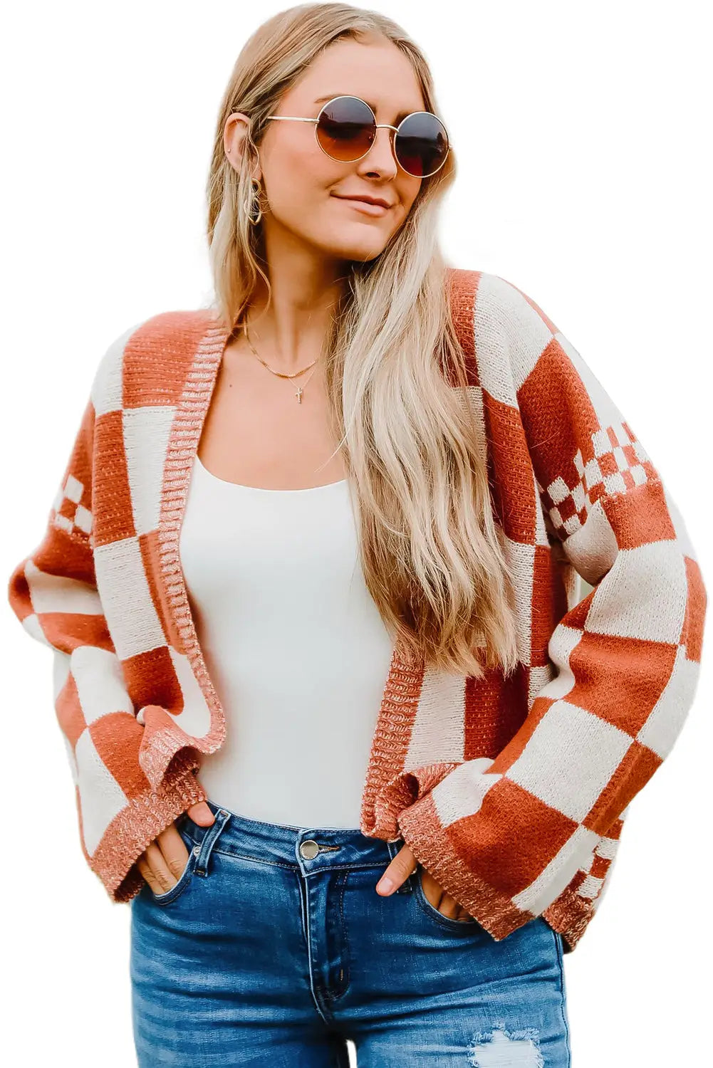 Chestnut Mix Checkered Open Front Knit Cardigan-8