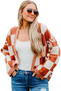 Thumbnail for Chestnut Mix Checkered Open Front Knit Cardigan-8