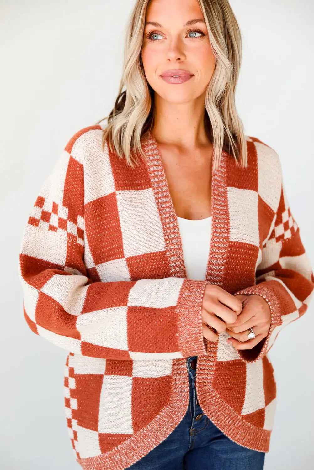 Chestnut Mix Checkered Open Front Knit Cardigan-5