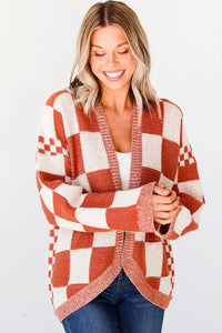Thumbnail for Chestnut Mix Checkered Open Front Knit Cardigan-4