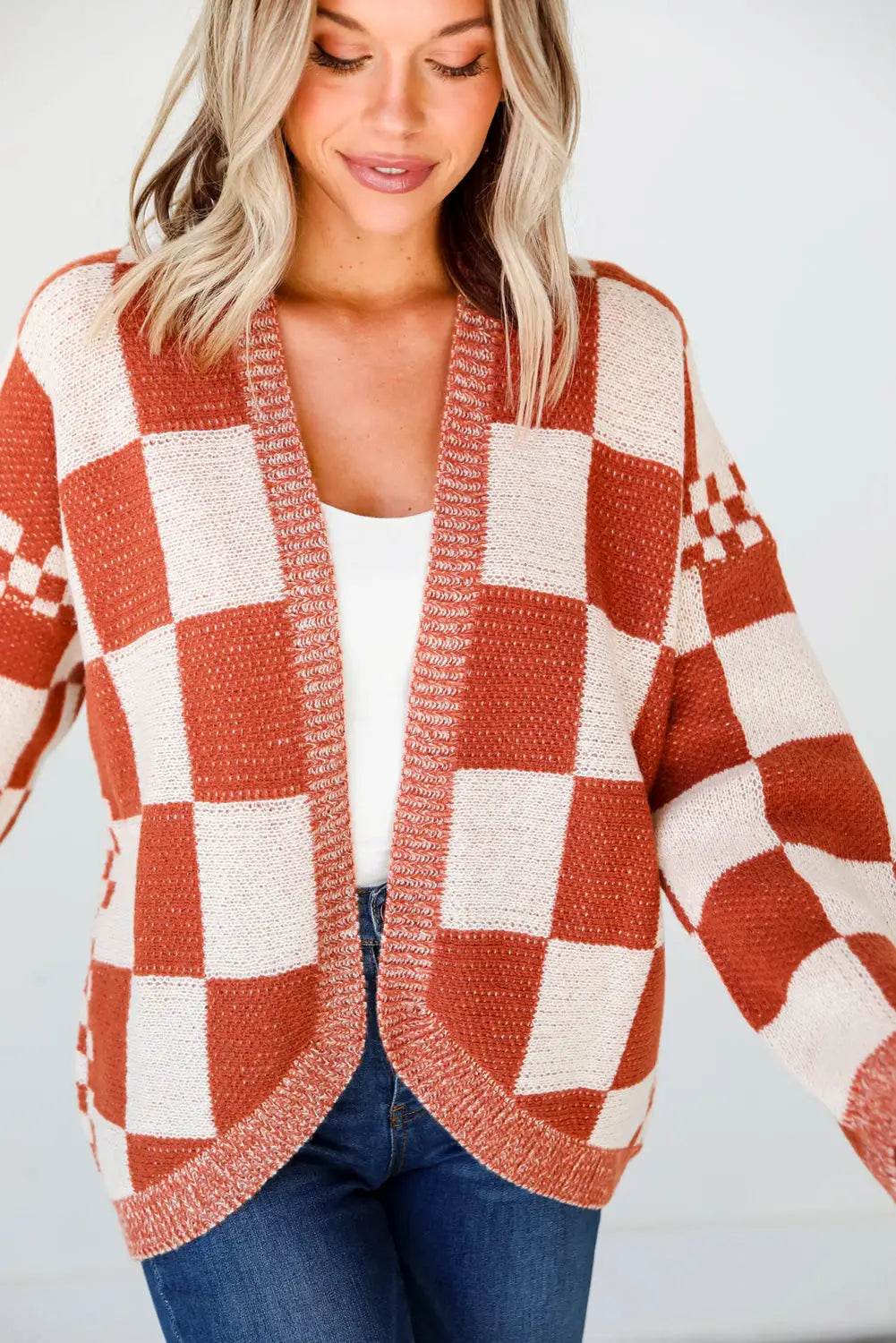 Chestnut Mix Checkered Open Front Knit Cardigan-3