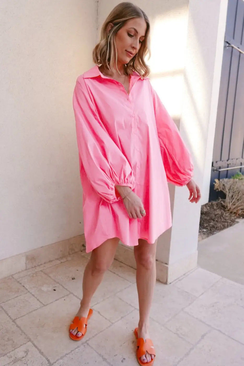 Chic Pink Balloon-Sleeve Mini Dress-3