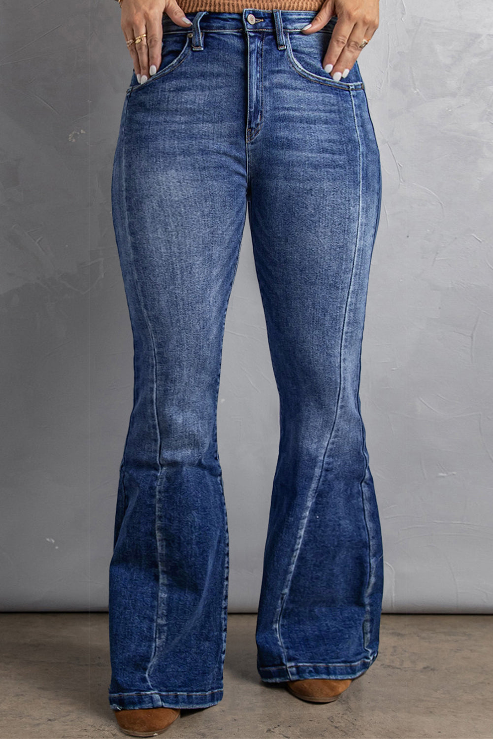 Dark Blue Plus Size Stitching Washed Flare Jeans-0