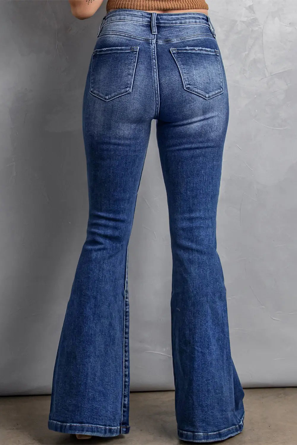 Dark Blue Plus Size Stitching Washed Flare Jeans-1