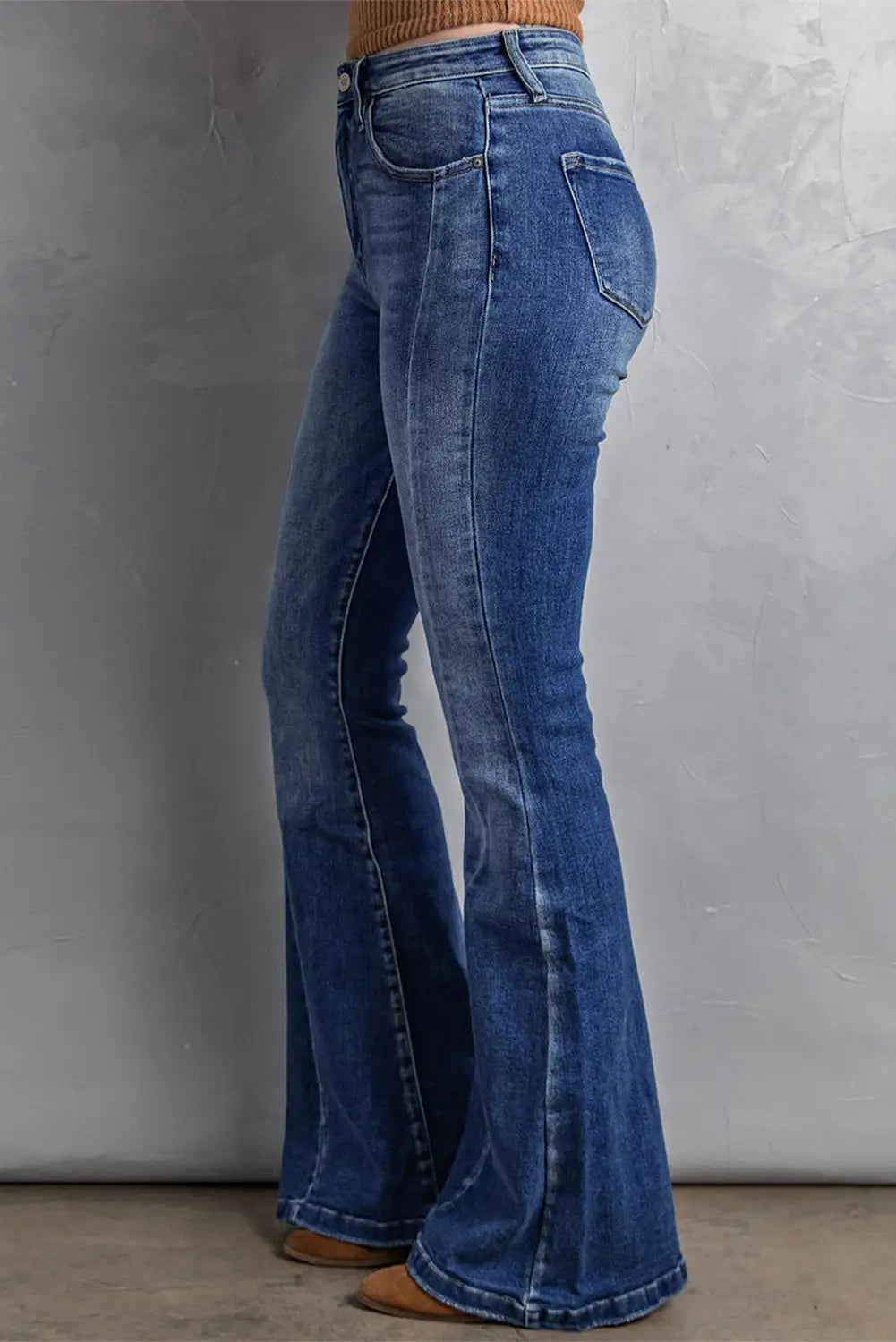 Dark Blue Plus Size Stitching Washed Flare Jeans-2