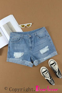 Thumbnail for Distressed Ripped Rolled Hem Sky Blue Denim Shorts-13
