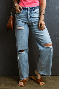 Thumbnail for Raw Hem Straight Jeans - Light Blue Distressed Ripped-3