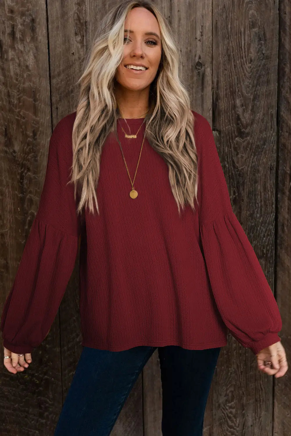 Faux Knit Jacquard Puffy Long Sleeve Top-0