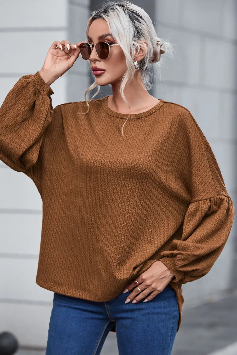 Faux Knit Jacquard Puffy Long Sleeve Top-8