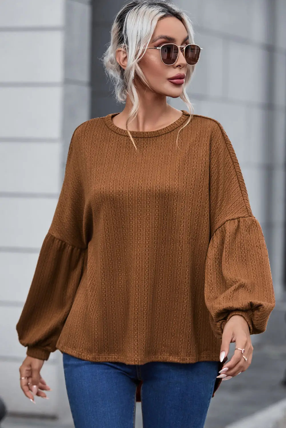 Faux Knit Jacquard Puffy Long Sleeve Top-7
