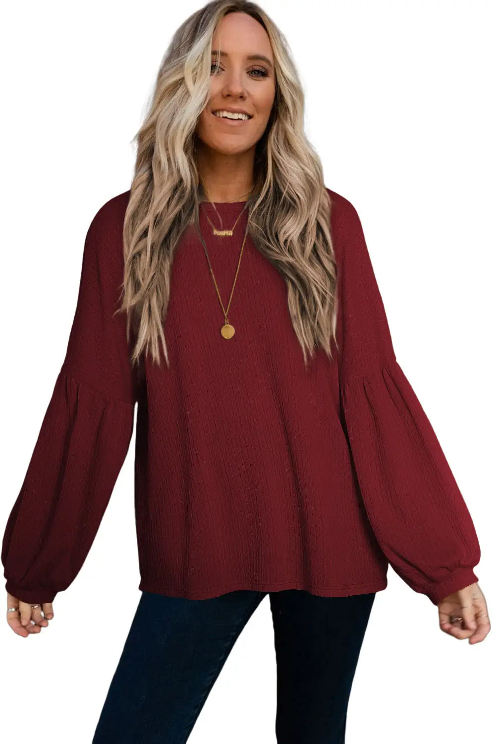 Faux Knit Jacquard Puffy Long Sleeve Top-1