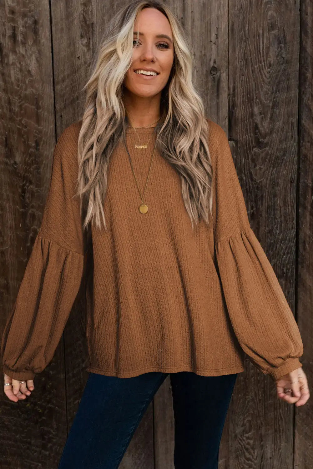 Faux Knit Jacquard Puffy Long Sleeve Top-4