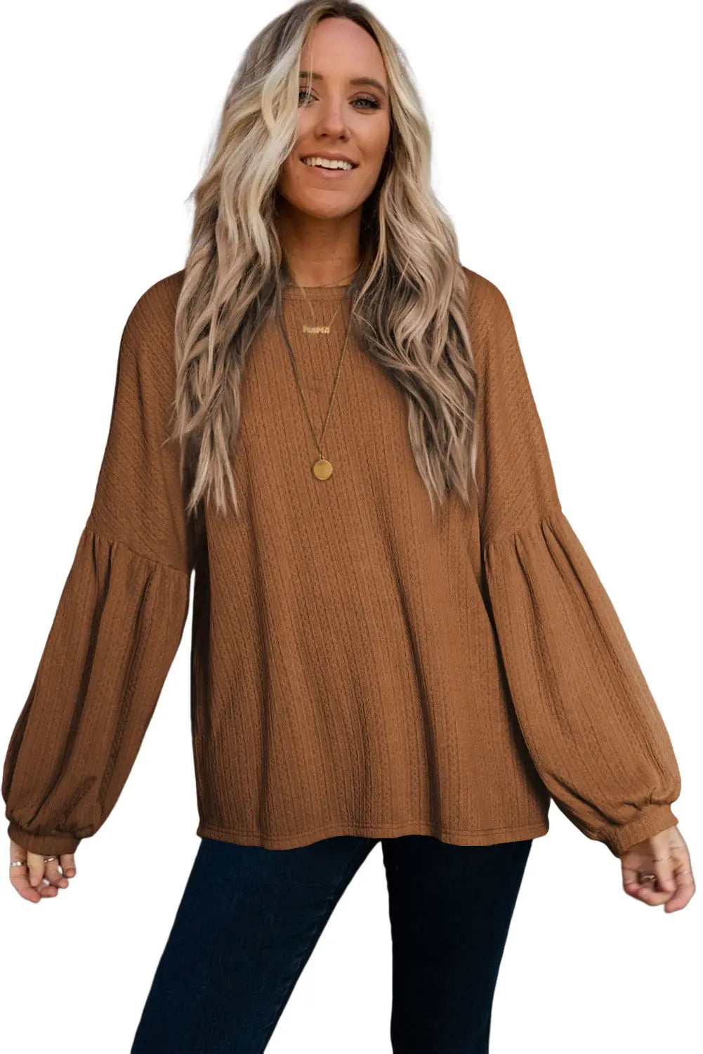 Faux Knit Jacquard Puffy Long Sleeve Top-13
