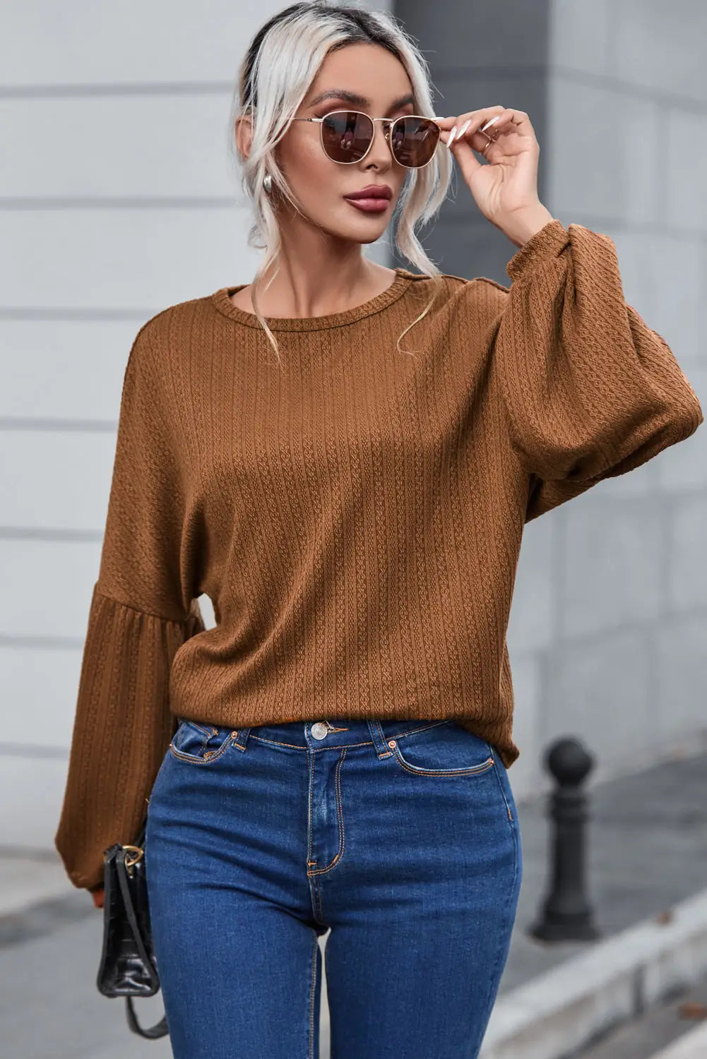 Faux Knit Jacquard Puffy Long Sleeve Top-9